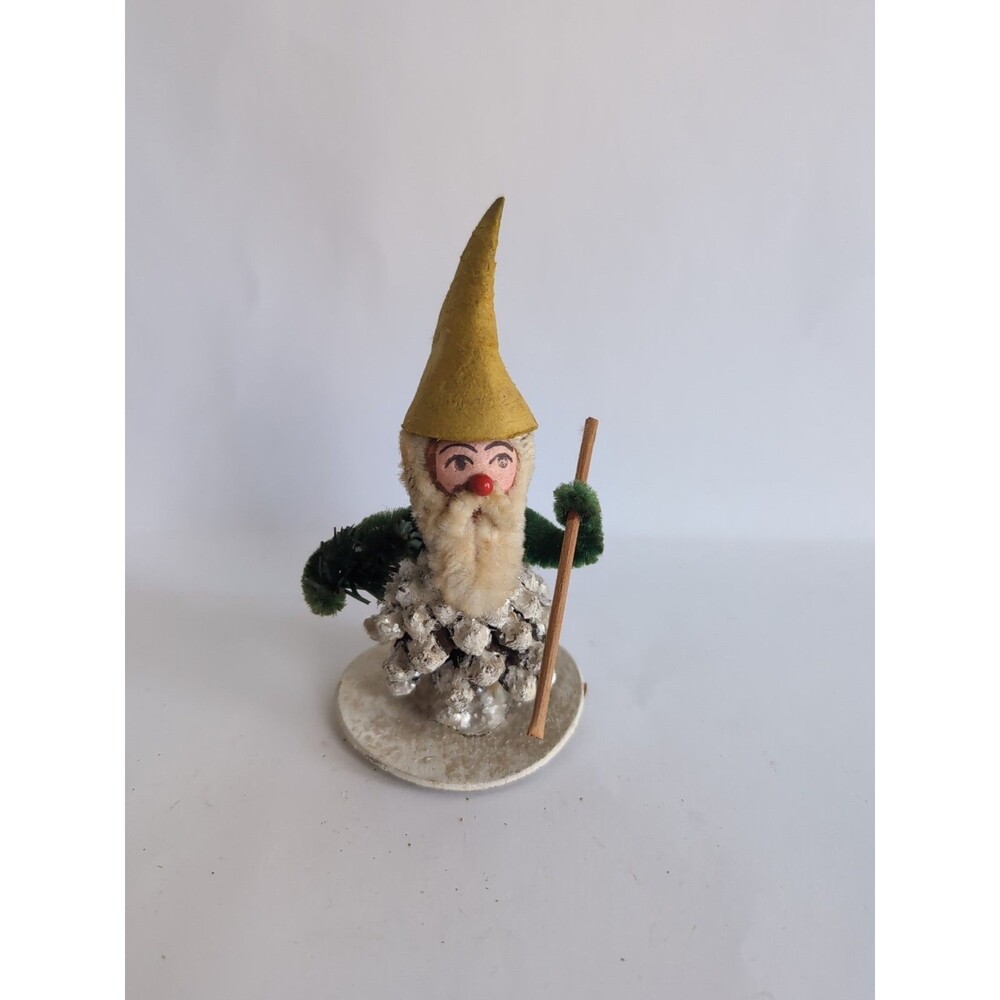 Antique Christmas Putz Pinecone Elf Germany Walking Stick Tree